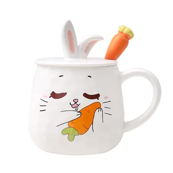 Cartoon redis küülik Kruus kaanega lusikas käsitsi joonistatud õnnelik väljend cup Drinkware Kohv Tee Tassi Uudsus Kingitused piima tassi 1