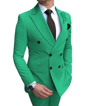 2022 Roheline Meeste Ülikond 2 Tükki kaherealine Piir Rinnamikrofon Korter Slim Fit Vabaaja Tuxedos Pulm(Pintsak+Püksid) 1